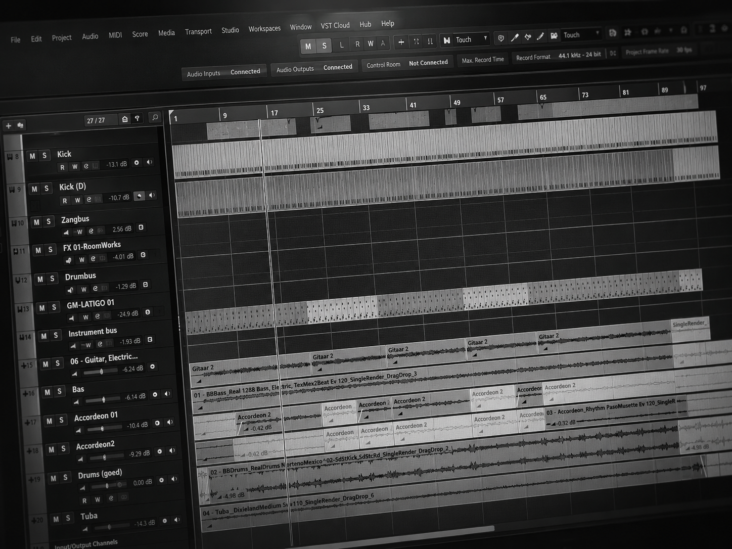 Cubase DAW opname scherm